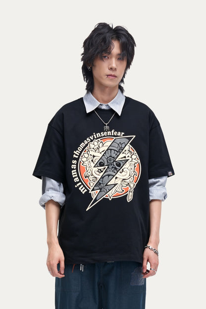 HEA Unisex Oversized Graphic T-Shirt, Crew Neck Cotton Tee with Front & Back Lion Print, Casual Streetwear Top for Men Women