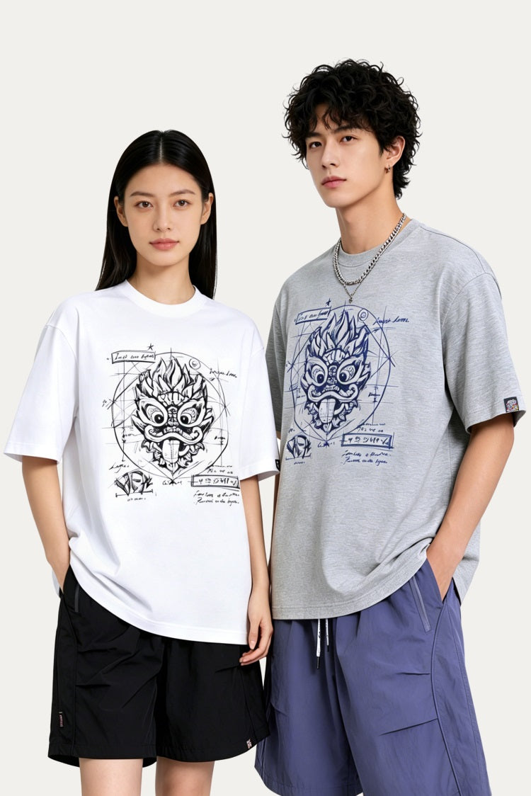 HEA Blueprint Sketch Lion Head Crewneck Tee, Unisex Casual Cotton Short Sleeve T-Shirt