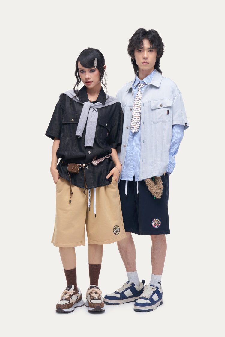 HEA Unisex Solid Color Casual Shorts, Elastic Waist Streetwear Shorts