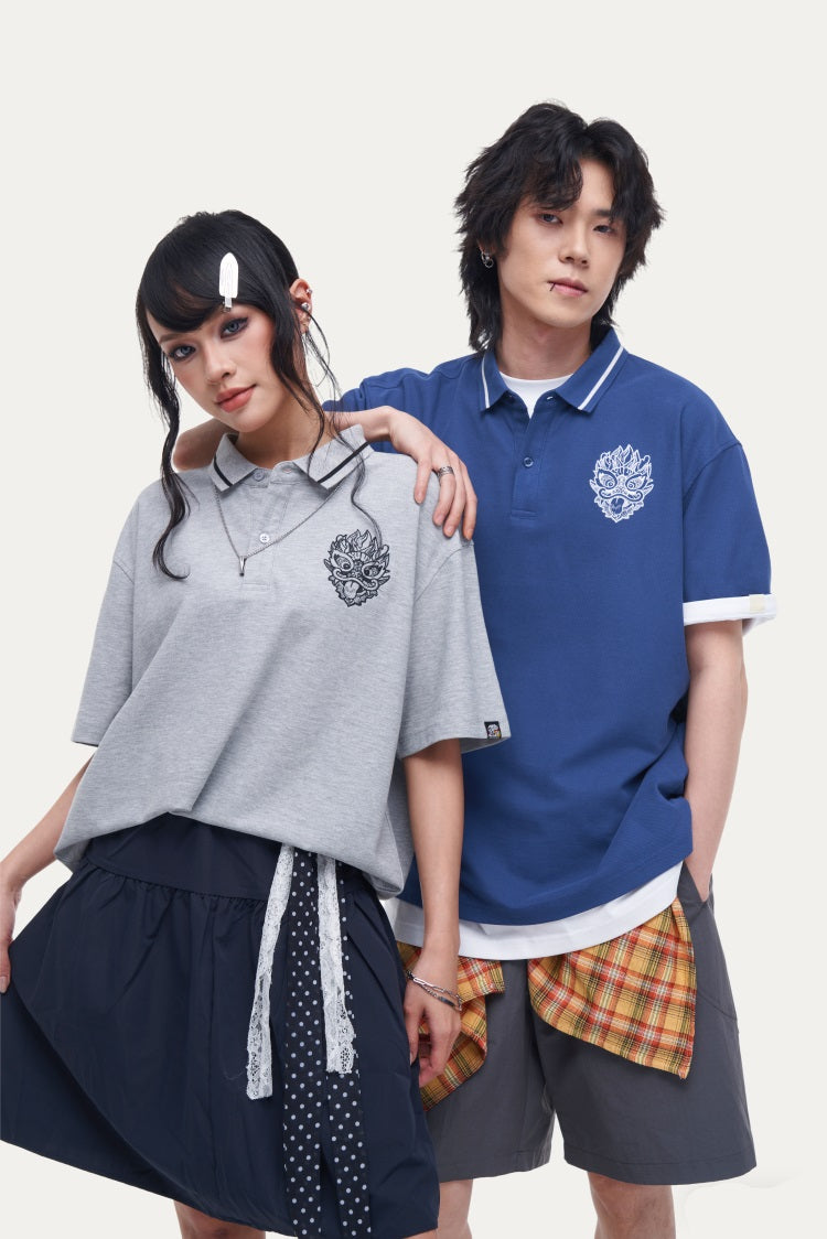 HEA Unisex Oversized Polo Shirt, Short-Sleeve Streetwear Top with Embroidered Lion Logo, Casual Collared Tee for Men & Women