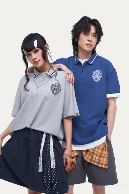 HEA Unisex Oversized Polo Shirt, Short-Sleeve Streetwear Top with Embroidered Lion Logo, Casual Collared Tee for Men & Women