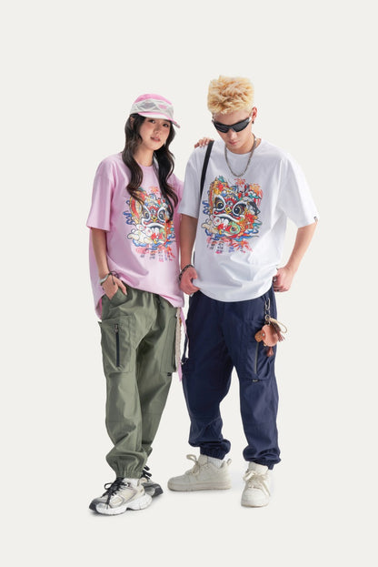 HEA Unisex Heavyweight Cotton Colorful Lion Graphic T-Shirt, Oversized Streetwear Short Sleeve Tee