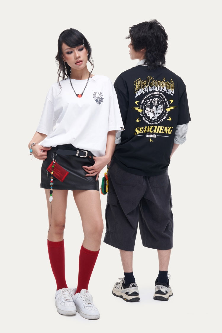 HEA Unisex Heavyweight Cotton Lion Graphic T-Shirt, Oversized Streetwear Short Sleeve Tee