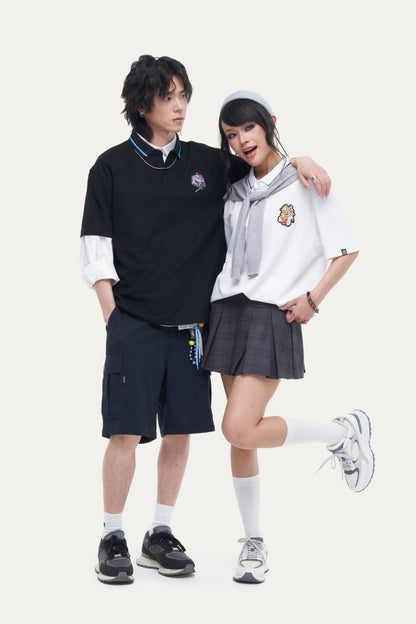 HEA Unisex Oversized Polo Shirt, Casual Collared Top with Lion Embroidery, Breathable Textured Fabric for Men Women