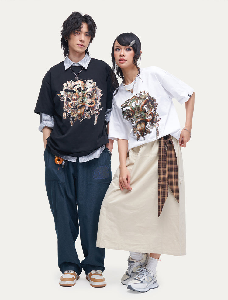 HEA Unisex Heavyweight Cotton Lion Graphic T-Shirt, Oversized Streetwear Short Sleeve Tee