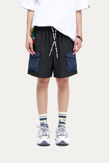 HEA Waffle Knit Patchwork Cargo Shorts, Men’s Streetwear Casual Utility Shorts