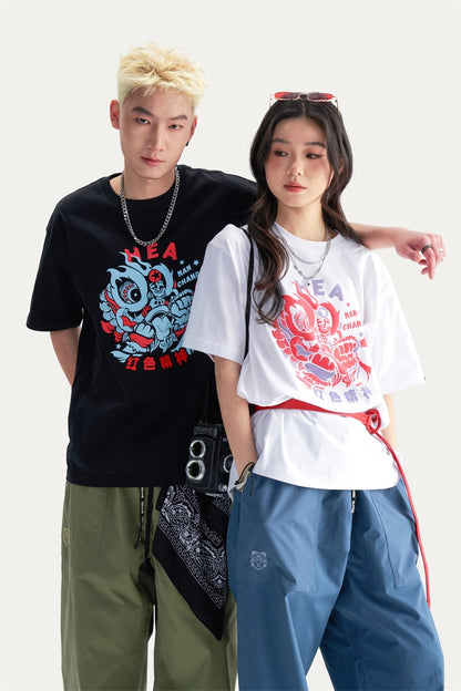 HEA Unisex Heavyweight 100% Cotton Lion Print T-Shirt, Casual Oversized Streetwear Short Sleeve