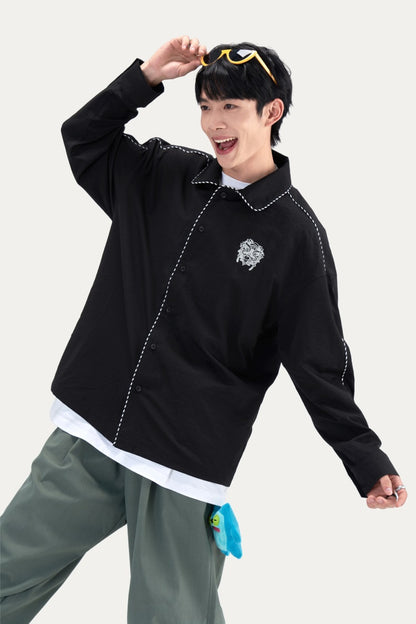 HEA Contrast Stitch Lion Embroidery Oversized Shacket, Men’s Casual Long Sleeve Button Down Shirt Jacket