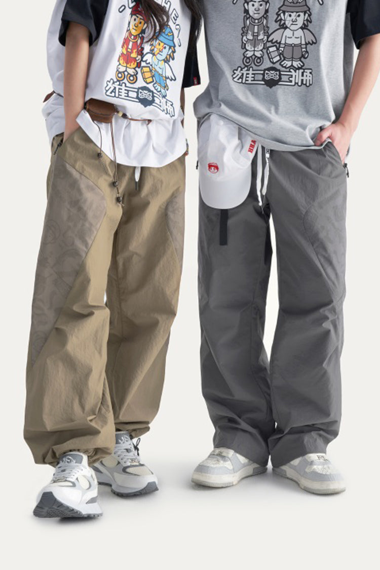 HEA Men’s Patchwork Print Cargo Pants, Casual Streetwear Loose Wide-Leg Trousers with Drawstring Waist