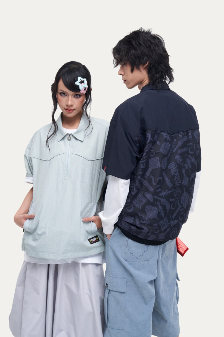 HEA Unisex Half-Zip Polo Shirt, Streetwear Printed Back Short-Sleeve Top, Casual Loose Fit Collared Tee for Men & Women