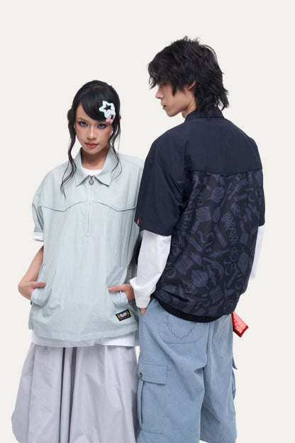 HEA Unisex Half-Zip Polo Shirt, Streetwear Printed Back Short-Sleeve Top, Casual Loose Fit Collared Tee for Men & Women