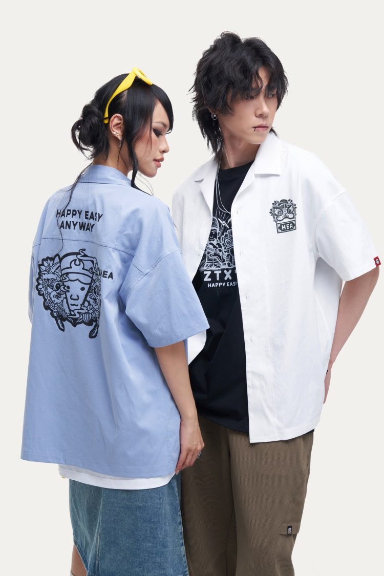 HEA Unisex Oversized Short-Sleeve Shirt, Streetwear Button-Up Top with Front & Back Lion Print, Casual Loose Fit Blouse for Men & Women