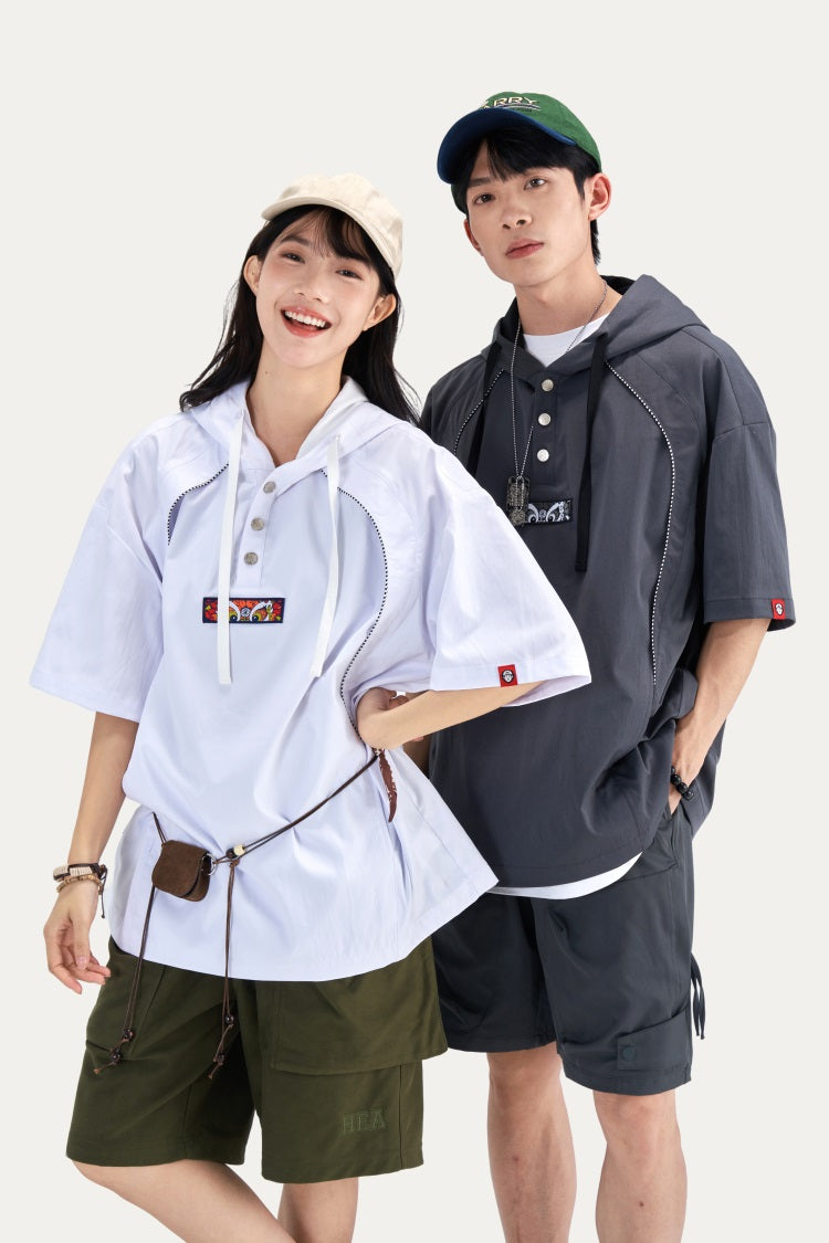 HEA Half Button Short Sleeve Hooded Polo Shirt, Unisex Contrast Stitch Casual Street Top