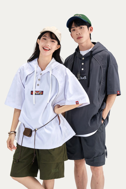 HEA Half Button Short Sleeve Hooded Polo Shirt, Unisex Contrast Stitch Casual Street Top