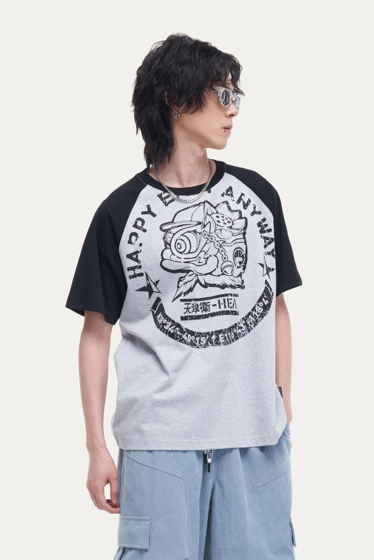 HEA Unisex Heavyweight 100% Cotton Raglan Sleeve Lion Print T-Shirt, Casual Streetwear Short Sleeve