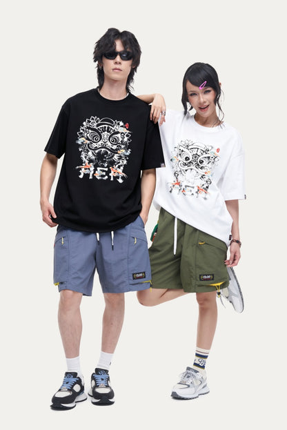 HEA Ink Wash Style Lion Head T-Shirt, Unisex Streetwear Casual Tee with Artistic Print