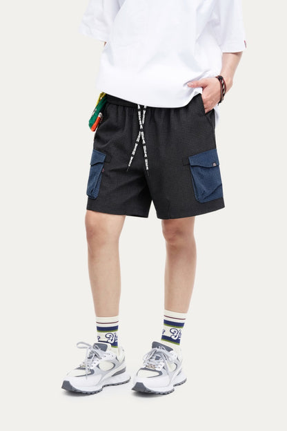 HEA Waffle Knit Patchwork Cargo Shorts, Men’s Streetwear Casual Utility Shorts