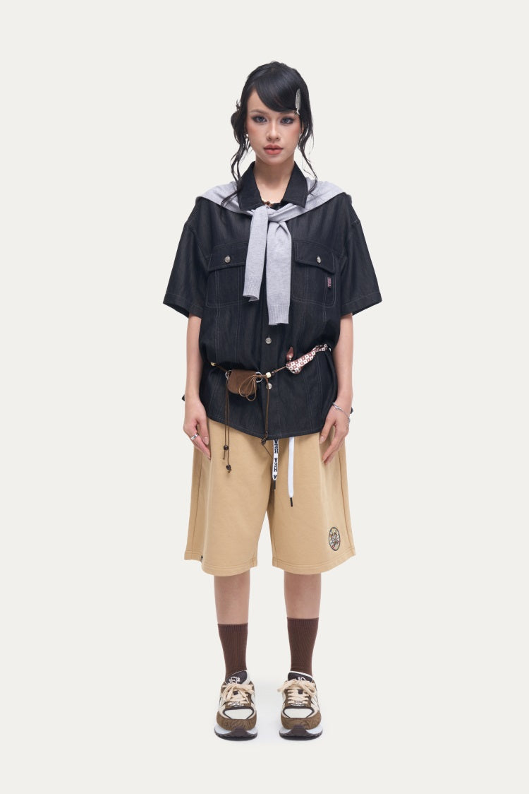 HEA Unisex Solid Color Casual Shorts, Elastic Waist Streetwear Shorts
