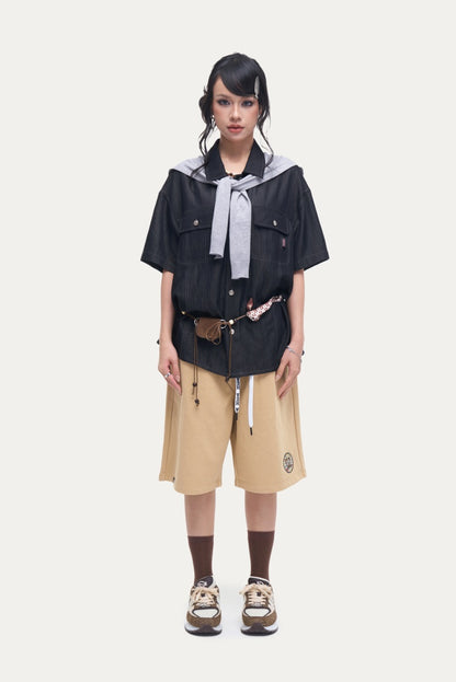 HEA Unisex Solid Color Casual Shorts, Elastic Waist Streetwear Shorts
