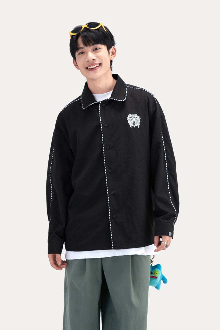 HEA Contrast Stitch Lion Embroidery Oversized Shacket, Men’s Casual Long Sleeve Button Down Shirt Jacket