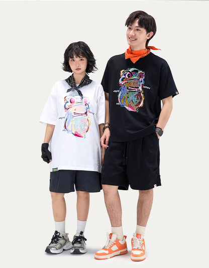HEA Cartoon Graphic Print T-Shirt Casual Streetwear Short Sleeve Tee Unisex Trendy Cotton T-shirt