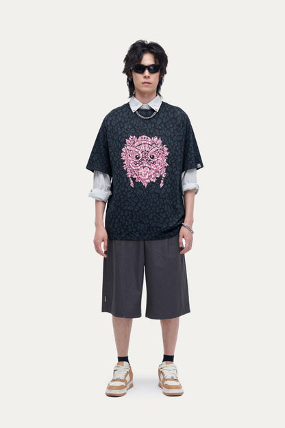 HEA Leopard Print Lion Head Graphic T-Shirt, Unisex Streetwear Casual Tee