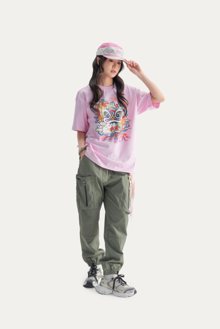 HEA Unisex Heavyweight Cotton Colorful Lion Graphic T-Shirt, Oversized Streetwear Short Sleeve Tee