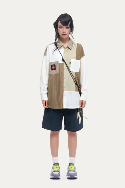 HEA Patchwork Color Block Oversized Button-Up Shirt | Unisex Streetwear Casual Top