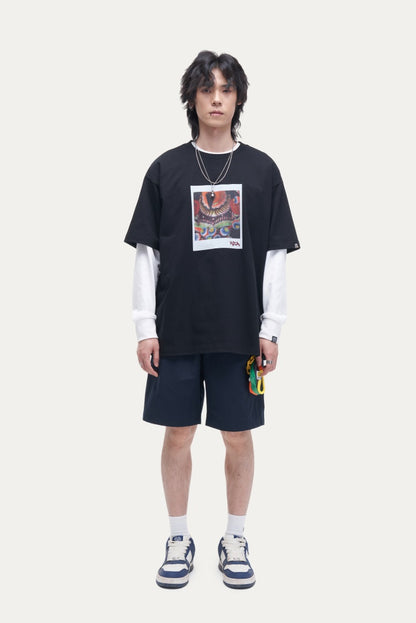HEA Unisex Oversized Graphic T-Shirt, Crew Neck Cotton Tee with Front & Back Lion Print, Casual Streetwear Top for Men Women