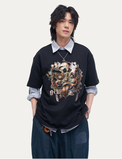 HEA Unisex Heavyweight Cotton Lion Graphic T-Shirt, Oversized Streetwear Short Sleeve Tee