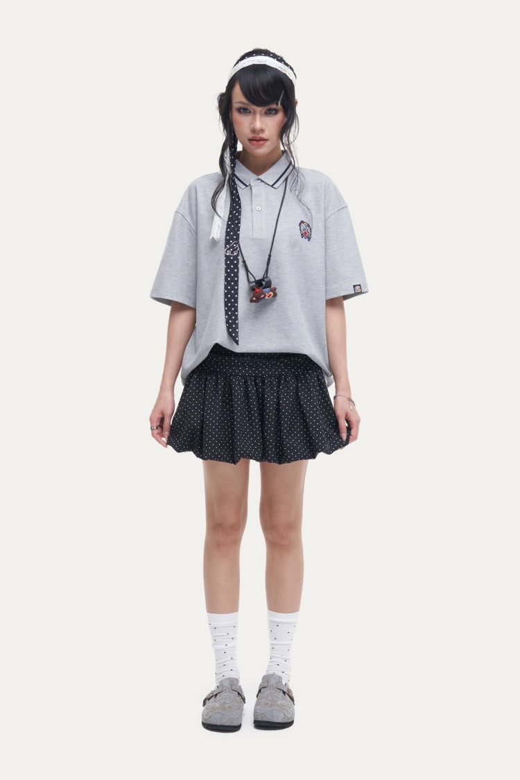 HEA Unisex Oversized Polo Shirt, Short-Sleeve Streetwear Top with Embroidered Logo, Casual Collared Tee for Men & Women