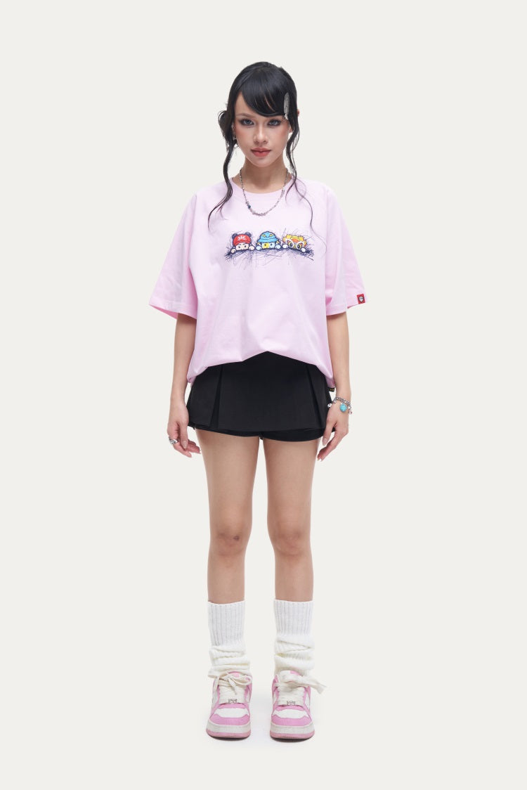 HEA Unisex Oversized Cartoon Print T-Shirt, Crew Neck Cotton Tee with Graffiti-Style Character Design, Casual Streetwear Top for Men Women
