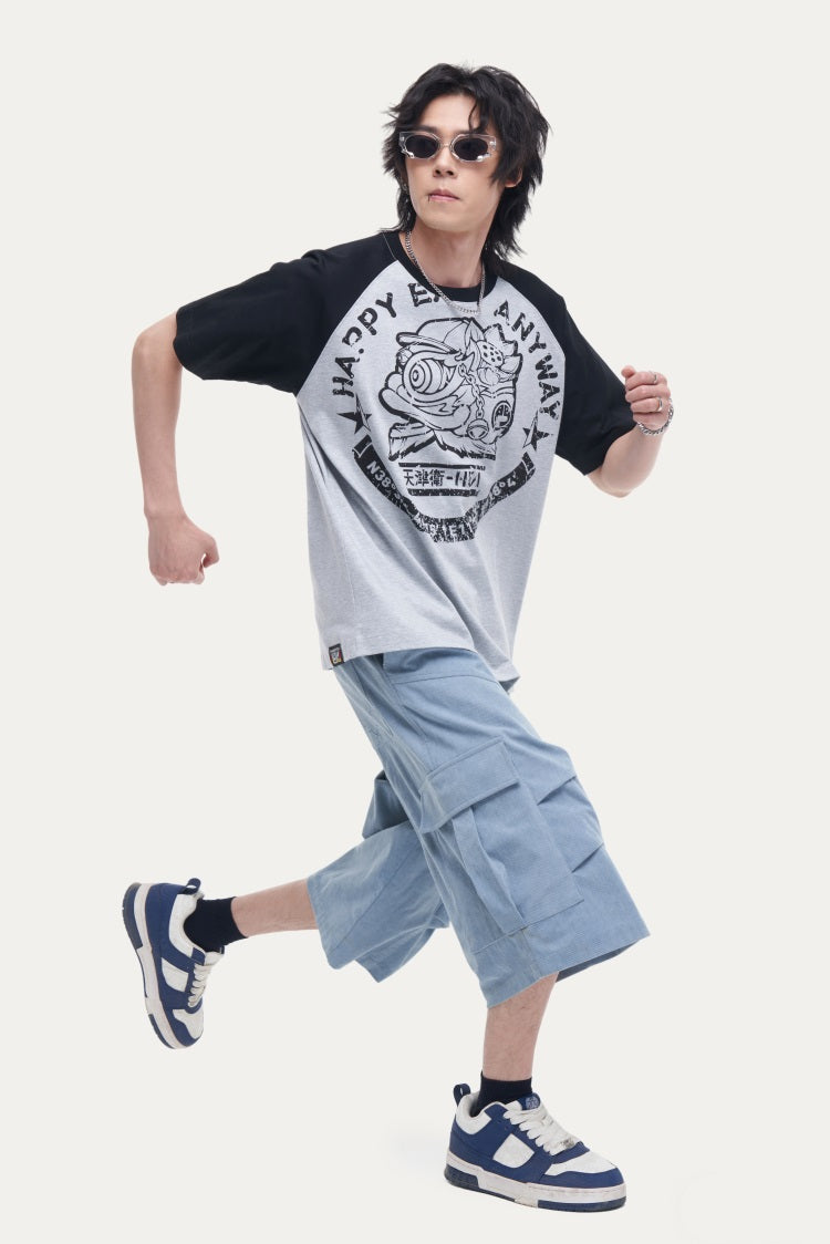 HEA Unisex Heavyweight 100% Cotton Raglan Sleeve Lion Print T-Shirt, Casual Streetwear Short Sleeve