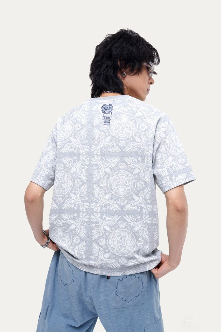 HEA All-Over Print Lion Head T-Shirt, Unisex Streetwear Casual Tee with Bandana Pattern