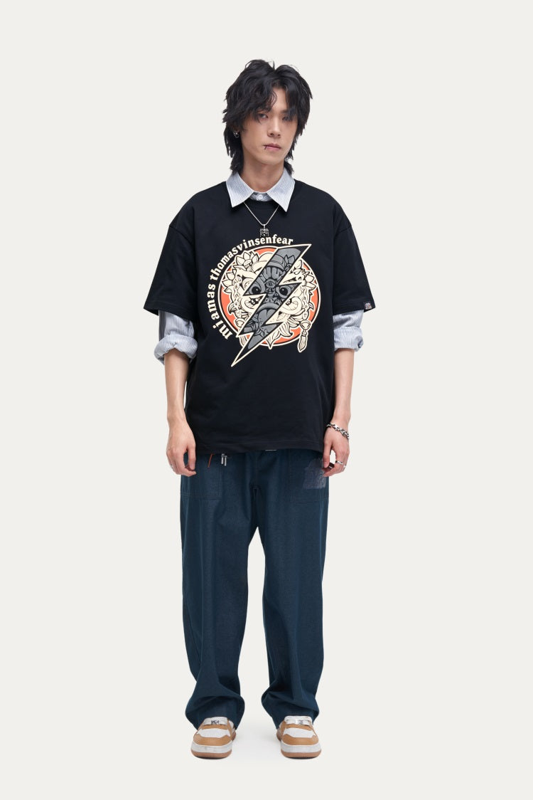 HEA Unisex Oversized Graphic T-Shirt, Crew Neck Cotton Tee with Front & Back Lion Print, Casual Streetwear Top for Men Women
