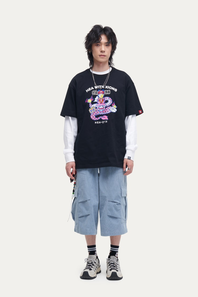 HEA Unisex Oversized Cartoon Print T-Shirt, Crew Neck Cotton Tee with Graffiti-Style Character Design, Casual Streetwear Top for Men Women