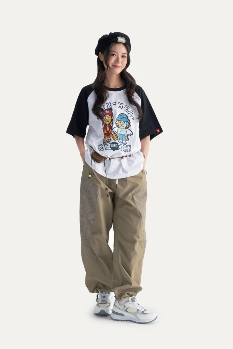 HEA Men’s Patchwork Print Cargo Pants, Casual Streetwear Loose Wide-Leg Trousers with Drawstring Waist