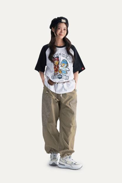 HEA Men’s Patchwork Print Cargo Pants, Casual Streetwear Loose Wide-Leg Trousers with Drawstring Waist