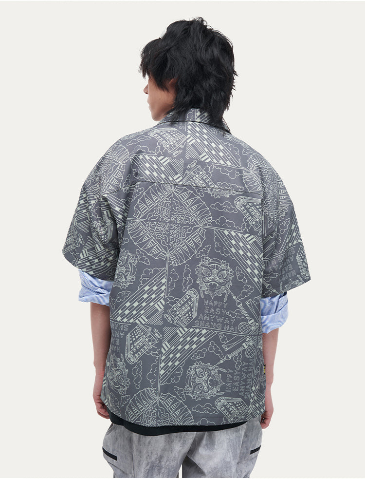HEA Unisex Allover Print Button Up Shirt, Casual Streetwear Short Sleeve Camp Shirt