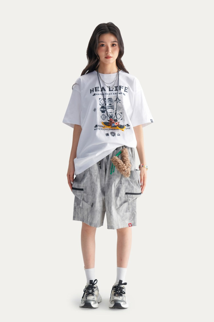HEA Men’s Oversized Cargo Shorts, Casual Streetwear Multi-Pocket Shorts with Drawstring Wais