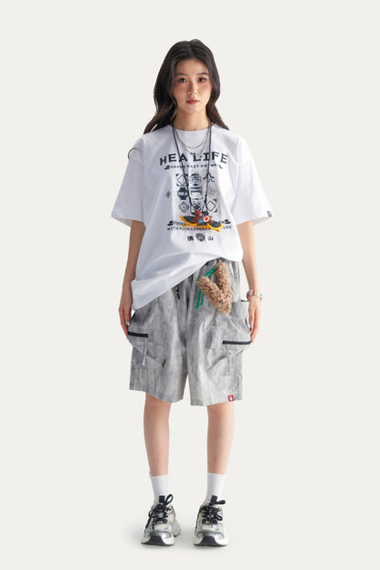 HEA Men’s Oversized Cargo Shorts, Casual Streetwear Multi-Pocket Shorts with Drawstring Wais