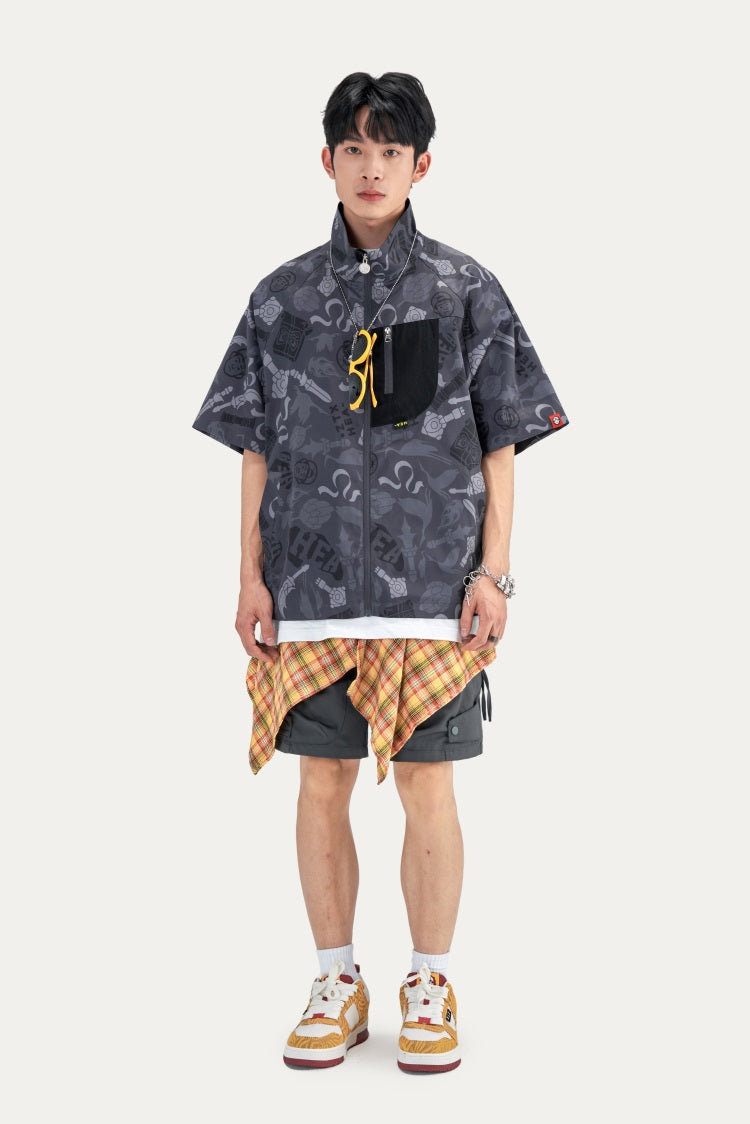 HEA All-Over Print Half-Sleeve Zip-Up Jacket | Unisex Streetwear Casual Stand Collar Top
