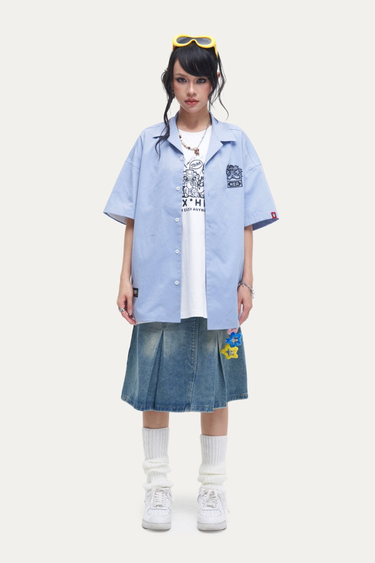 HEA Unisex Oversized Short-Sleeve Shirt, Streetwear Button-Up Top with Front & Back Lion Print, Casual Loose Fit Blouse for Men & Women