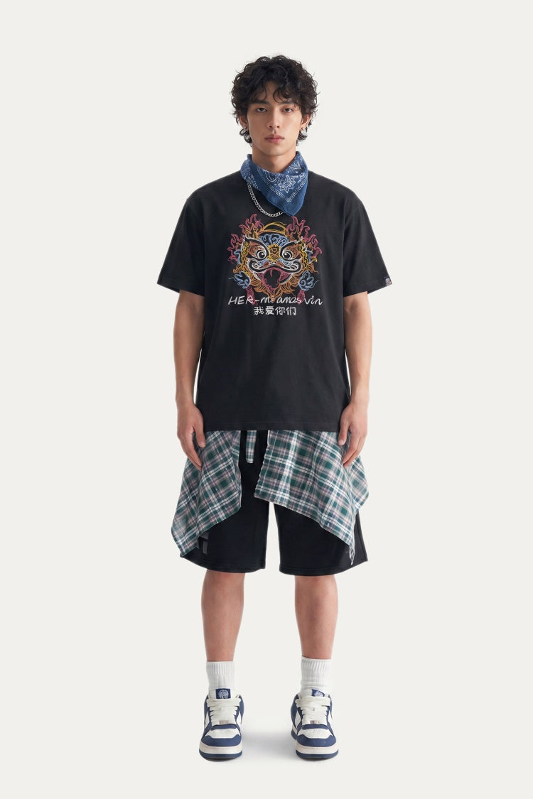 HEA Colorful Lion Head Graphic T-shirt, Unisex Casual Streetwear Short Sleeve Tee