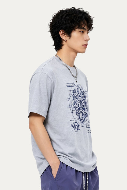HEA Blueprint Sketch Lion Head Crewneck Tee, Unisex Casual Cotton Short Sleeve T-Shirt
