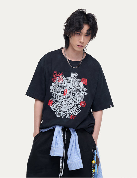 HEA Unisex Tie Dye Lion Print T-Shirt, Casual Streetwear Oversized Short Sleeve Cotton Tee