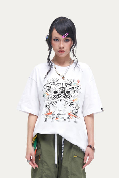 HEA Ink Wash Style Lion Head T-Shirt, Unisex Streetwear Casual Tee with Artistic Print