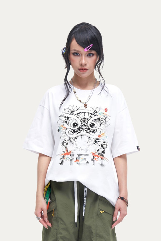 HEA Ink Wash Style Lion Head T-Shirt, Unisex Streetwear Casual Tee with Artistic Print