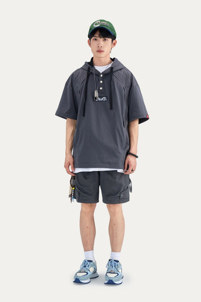 HEA Half Button Short Sleeve Hooded Polo Shirt, Unisex Contrast Stitch Casual Street Top