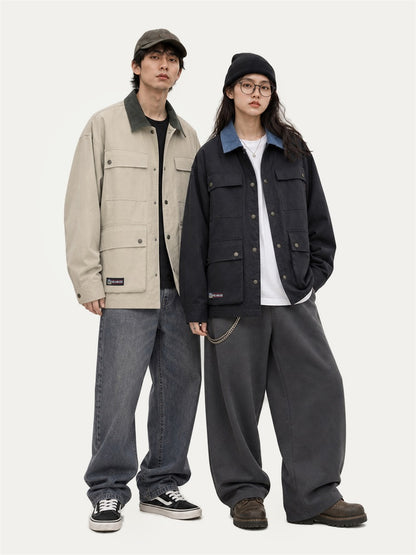 HEA Multi-Pocket Workwear Jacket – Contrast Collar Utility Coat
